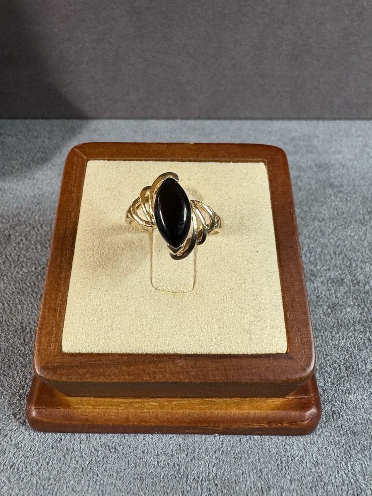 Vintage Marquise Black Onyx Cocktail Ring 14K Yellow Gold, Size 5.5 2.7 Grams