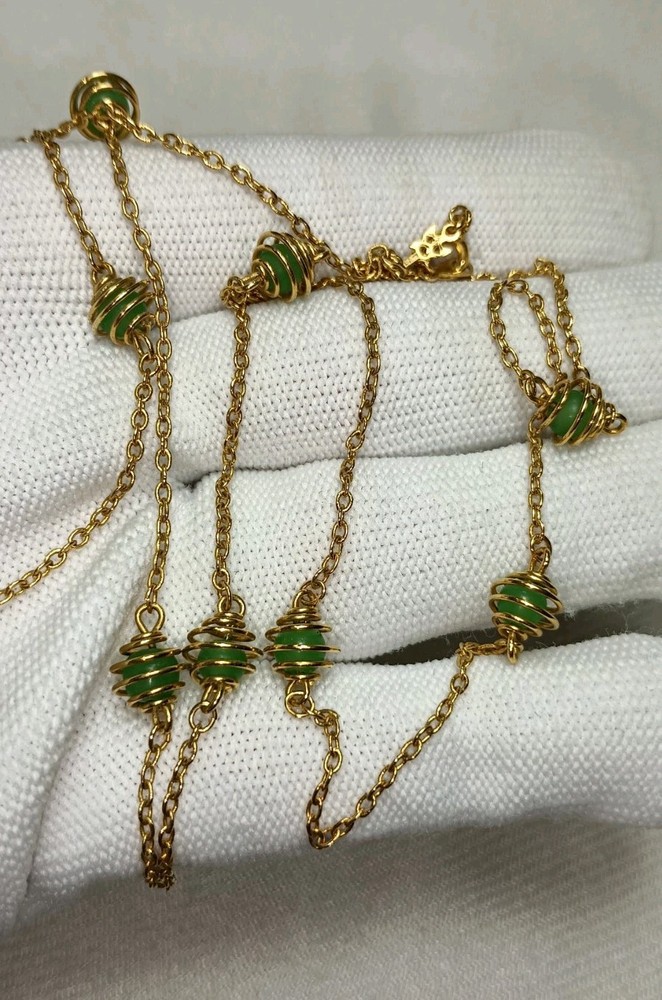 Vintage Crown Trifari Gold Tone Green Spring Ball Chain Station Necklace 29 in