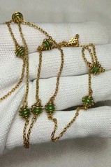 Vintage Crown Trifari Gold Tone Green Spring Ball Chain Station Necklace 29 in