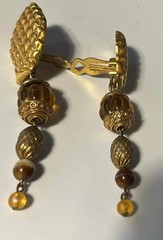 Vtg KATE HINES Signed Convertible Gold Tone Amber Lucite Couture Clip Earrings
