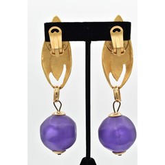 Vintage Chunky Leaf Clip On Earrings Brushed Gold Frosted Purple 80s 1980s BinBK