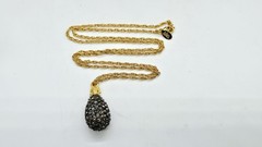 Joan Rivers Egg Pendant Necklace Grey Crystal Gold tone Chain Retired 28 in