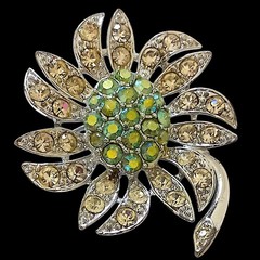 Vtg Sarah Coventry Mountain Flower Brooch Green AB Rhinestones Silver Tone 1968