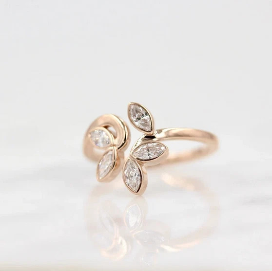 Marquise Shape Moissanites In 10K Rose Gold Finish Leaf Design Women Cuff Band