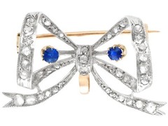 Antique French 0.45ct Sapphire and 0.93ct Diamond Yellow Gold Bow Brooch