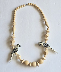 Chunky Carved Wood Bead Hand Painted Wood Parrots Birds Necklace Tribal Boho