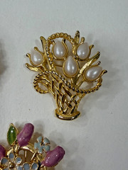 Vintage Flower Brooch Lot of 4 Gold Tone Enamel Faux Pearl Rose Estate Jewelry