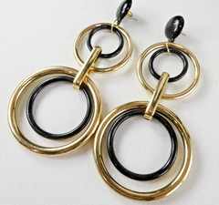 Pretty LONG Drop Dangle Earrings Gold & Black Round Light Weight Fun Fashion