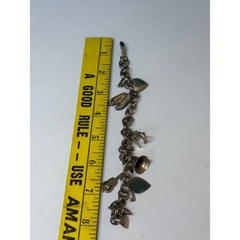 Vintage Silver Tone Double Link Charm Bracelet Bell Violin Airplane Heart