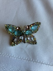 Vintage Rhinestone Butterfly Brooch Aqua Teal Gold Tone Mid Century Style
