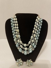 VINTAGE 1960’S 4 STRAND PASTEL BLUE GREEN NECKLACE & CLIP ON EARRINGS SET