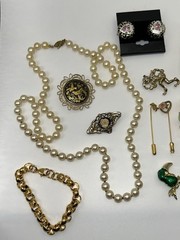 Vintage Estate Costume Jewelry Lot of 16 Brooches Stick Pins Necklaces Bracelets