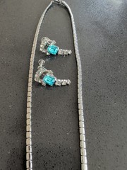 Vintage Teal Blue Glass Rinestone Set Silver Tone Estate Jewelry R123