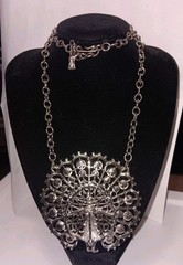 Large Vintage Silver Tone Rhinestone Peacock Necklace