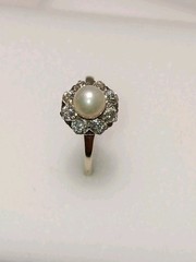 Vintage 14k White Gold White Pearl Diamond Halo Art Deco Edwardian Ring Size 6.5