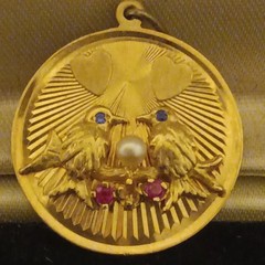 14k Vintage 1960s Gold Tone Round Love Birds Pendant, Engraved, Pearl, 2-14-66