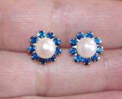 VINTAGE 11MM BLUE SAPPHIRE CZ SEED FLOWER JACKETS FOR EARRINGS USE W ANY STUDS