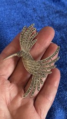 Vintage Large Estate Sterling Silver Hummingbird Brooch Pin With Amethyst Eye