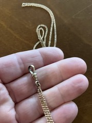 Antique Victorian Gold Filled Watch Chain Necklace Ruby Seed Pearl Slide Estate
