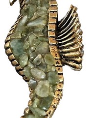 Gold Tone Seahorse Brooch Pin With Mosaic Jade Inset