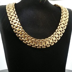 Vintage 5‑Row Panther Link Choker Necklace Gold Tone Wide Brick Mesh 1960s–1980s