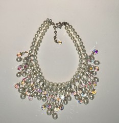 Vintage Vendome Faceted AB Glass & Faux Pearl Fringe Statement Huge Necklace