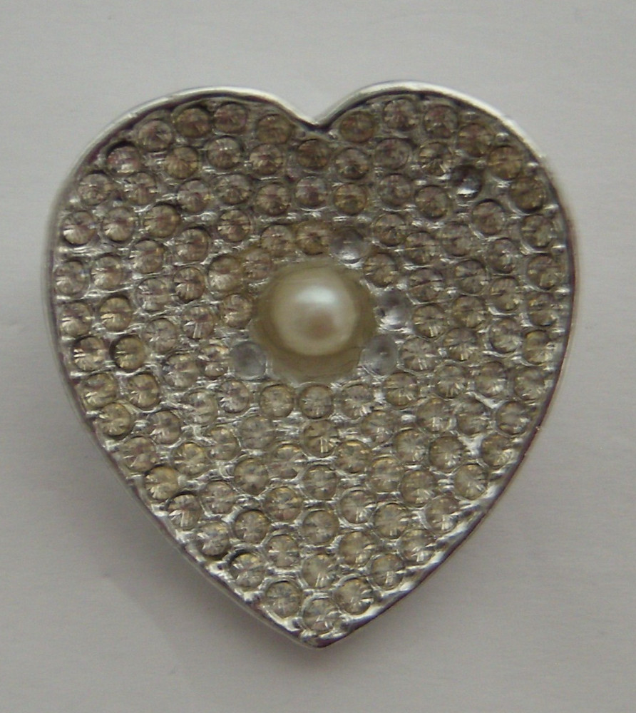 Vintage Silver Tone Pave Rhinestone Heart Brooch with Faux Pearl Center Pin