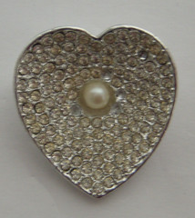 Vintage Silver Tone Pave Rhinestone Heart Brooch with Faux Pearl Center Pin