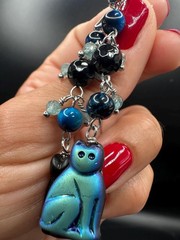 2.9″ Long Black Blue Agate Fluorite Cat Dangle Earrings