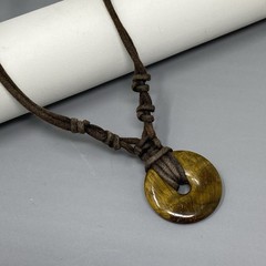Tigers Eye Pendant Necklace Gold Round Donut Brown Cord Amulet Bohemian 16″