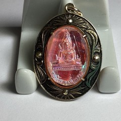 VINTAGE OVAL BUDDHA NECKLACE PENDANT TWO-SIDED FACETED GOLDTONE RED PINK