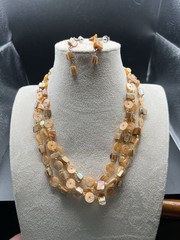 Boho Peach Mother of Pearl Shell Necklace Earring Set Multi Strand Layers Beachy