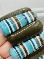 Vintage Chunky Striped Resin Stretch Bracelet Blue Aqua Brown Lucite Acrylic