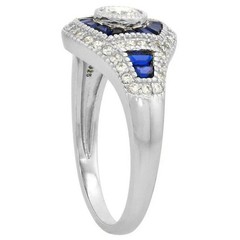 Art Deco Style Lab Created Diamond & Sapphire Anniversary 14k White Gold FN Ring
