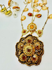 VTG! “Liz Clayborne’s Amber Crystals & Beads Victorian Style Necklace + Earrings