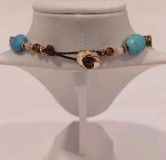 Vtg Chaps Multi Stone Beaded Necklace On Leather Turqoise Tiger Eye Blue