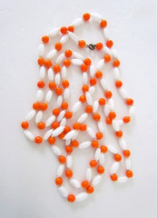 Vintage Glass Bead Mod Necklace 60’s White Orange XX Long 28 in