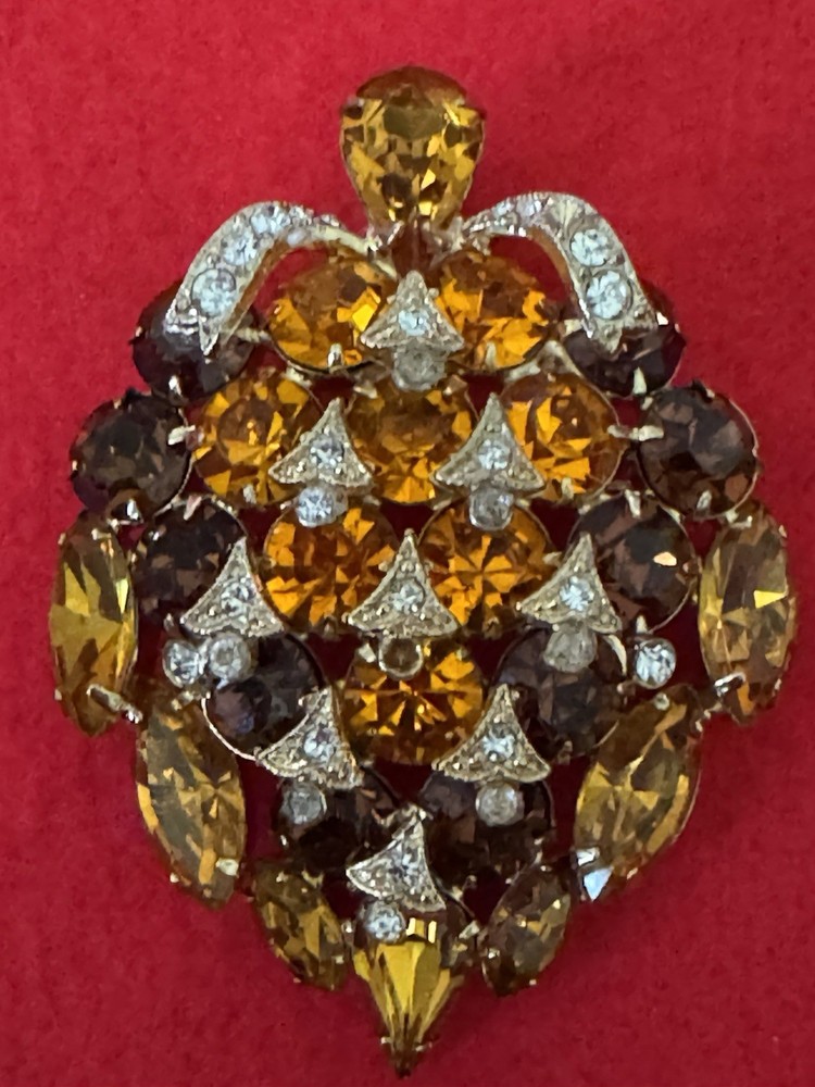 Vintage Eisenberg Ice Brooch Layered Amber Topaz Citrine and Clear Rhinestone