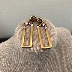 Women’s Dangle Earrings 80’s-90’s Style Gold Tone with Red and Blue Retro
