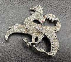 HUGE POT METAL Art Deco Phoenix Gryphon Bird Brooch Silver Tone Rhinestones READ