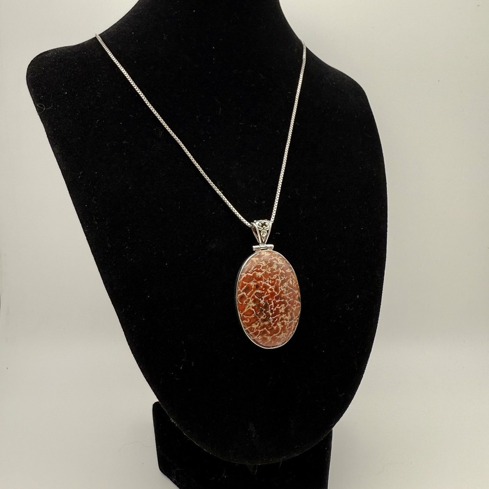 Vintage Fossilized Red Dinosaur Bone Cabochon Sterling Silver Pendant