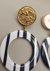 Vintage 1980s Nautical Striped Hoop Drop Earrings Gold Eagle Crest Button 80s