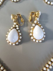Vintage Milk Glass Rhinestone Bib Necklace Clip Earring Demi Parure 1950s Set