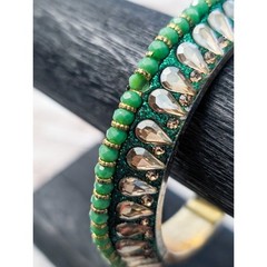 Vintage Bracelet / Bangle – Green & Gold Tone with Fancy Detail