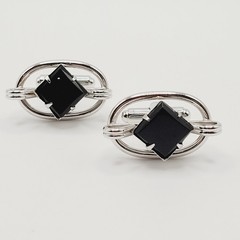 Western Style Deep Black Onyx Open Metal Silver Tone Fancy Formal Cufflinks