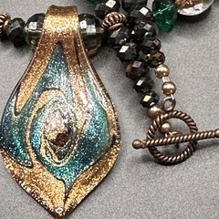 Stunning Necklace Glass Pendant Necklace & Earrings Art Foil Green Copper