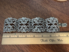 Vintage Panel Link Bracelet Silver Tone Scroll Medieval Flower 7-1/4 Inches