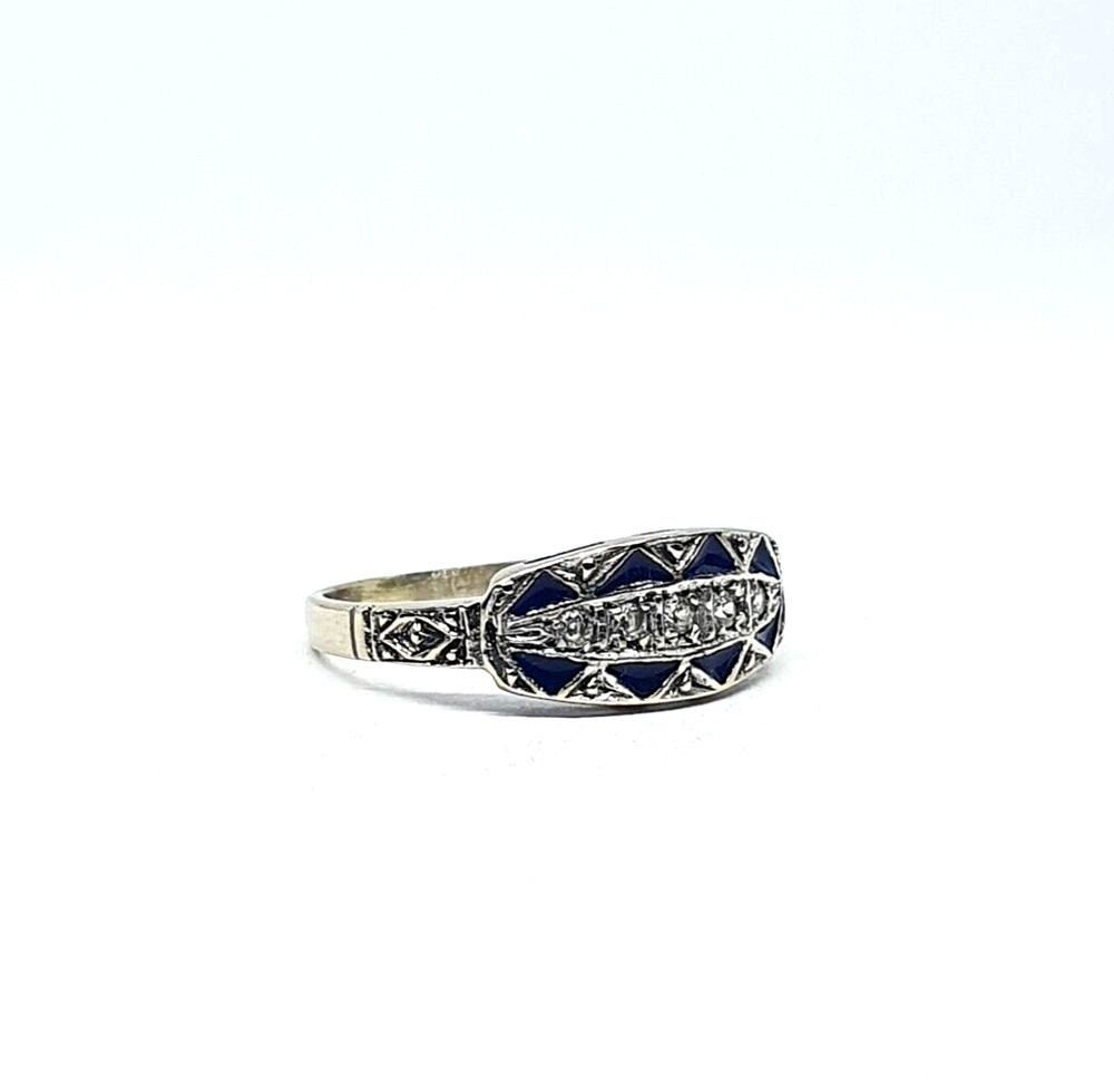 Art Decó 18kt Gold Band Ring With Diamonds and Blue Enamel – 836