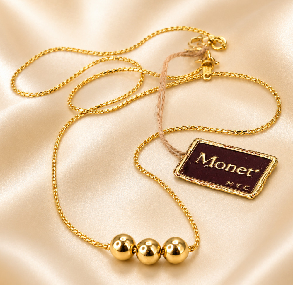 VTG Monet Gold Tone Bead Necklace NWT 15 Inch Rope Chain Minimalist 1980s Choker