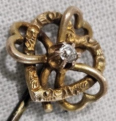 Antique Victorian Tested 10k Gold & Real Diamond Triple Heart Hat Pin Read Read
